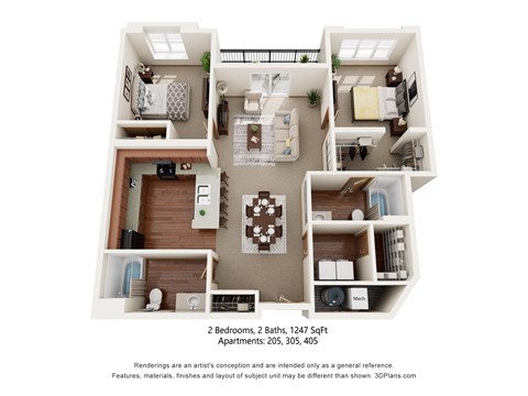 Floor plan for 2 beds, 2 baths, 1247 sqft